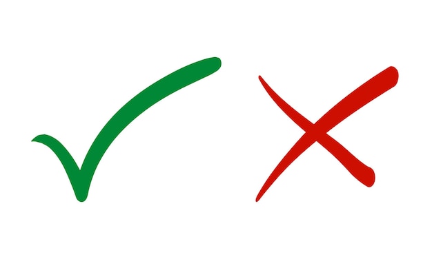 Conjunto de iconos de marca de verificación y marca de cruz Símbolo de marca en ilustración de vector de color verde y rojo