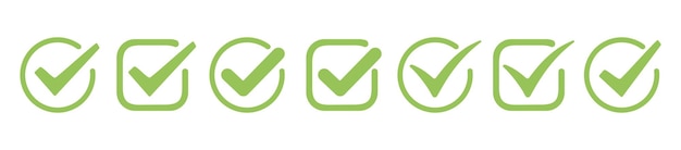 Conjunto de iconos de marca de verificación verde Símbolo de marca de círculo y cuadrado en ilustración de vector de color verde