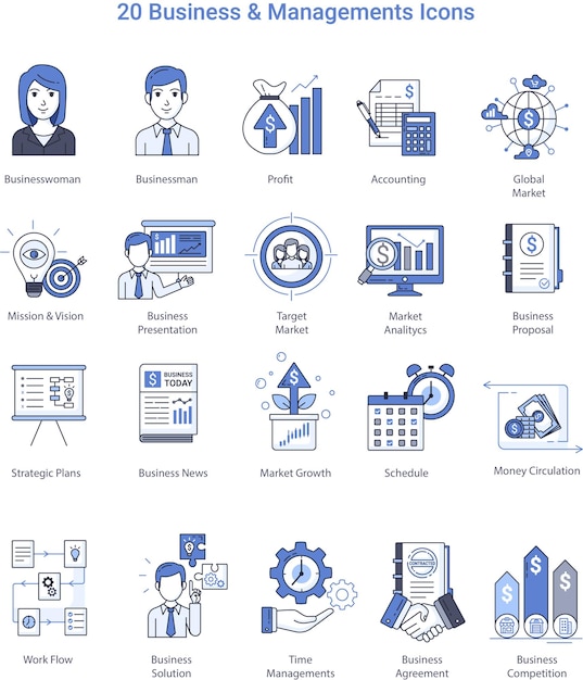 Conjunto de iconos de marketing de amplificador de negocios a todo color