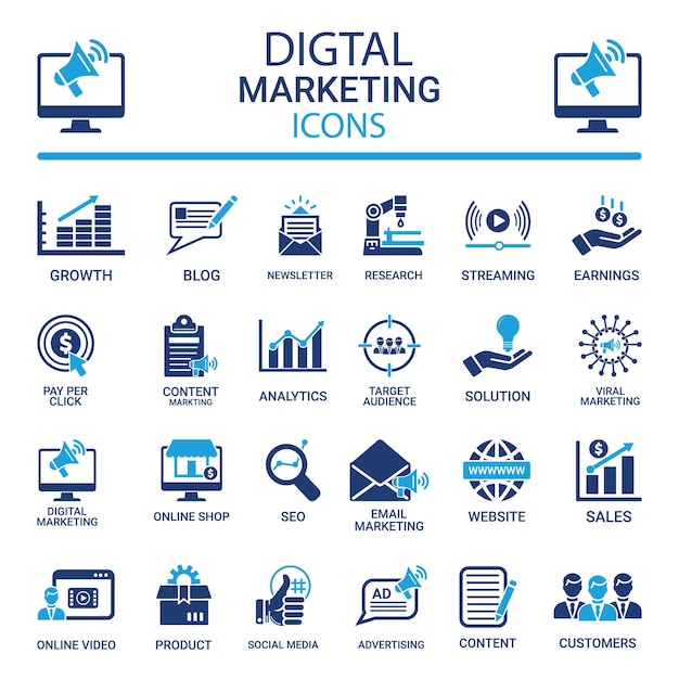 Conjunto de iconos de marketing digital Contiene contenido SEO, ventas en redes sociales y anuncios en línea.