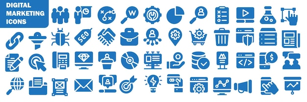 Conjunto de iconos de marketing digital Mercadeo electrónico de búsqueda de contenido SEO dispositivos electrónicos Internet