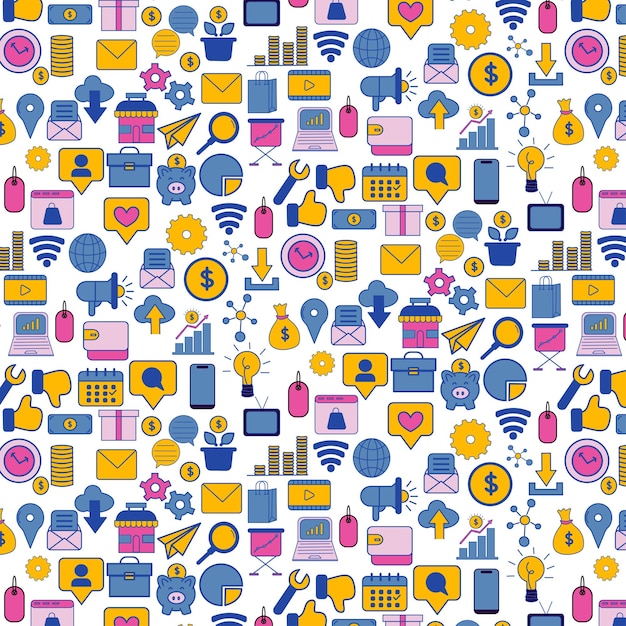 conjunto de iconos de marketing digital con patrón de color sin costuras
