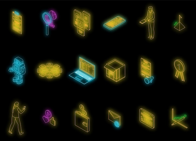 Conjunto de iconos de marketing online neón vectorial