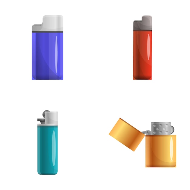 Conjunto de iconos más ligeros vector de dibujos animados Encendedor metálico y plástico Accesorio para dispositivo de fabricación de fuego