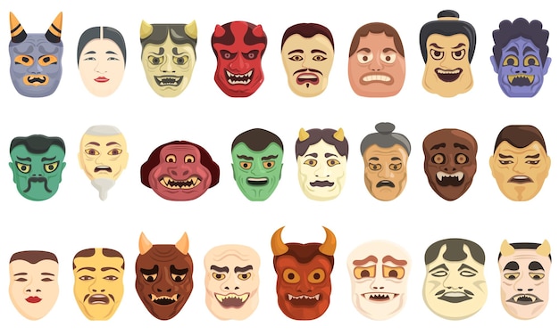 Conjunto de iconos de máscara japonesa noh vector de dibujos animados asiático enojado