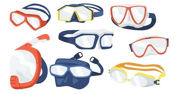 Conjunto de iconos de máscaras de snorkel, equipo de buceo de diferente diseño. Gafas subacuáticas, tubo de boquilla para nadar en el mar o piscina aislado sobre fondo blanco. Ilustración vectorial de dibujos animados