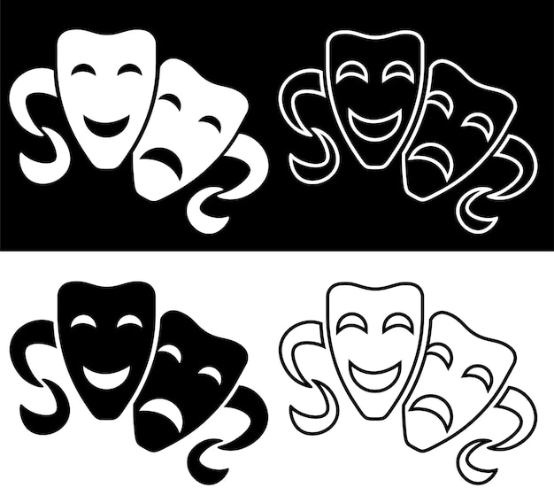 conjunto de iconos de máscaras teatrales de comedia y trágicos Estrenos teatrales cartel de circo Vector