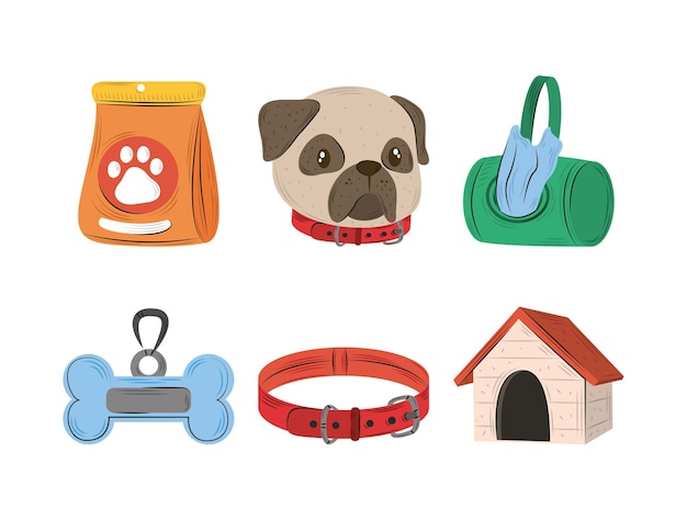 Conjunto de iconos de mascotas, clavícula de comida para perros e ilustración de estilo plano de la casa