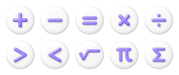 Vector conjunto de iconos matemáticos 3d aritmética púrpura más menos es igual a multiplicar y dividir signos en botones blancos ilustración vectorial