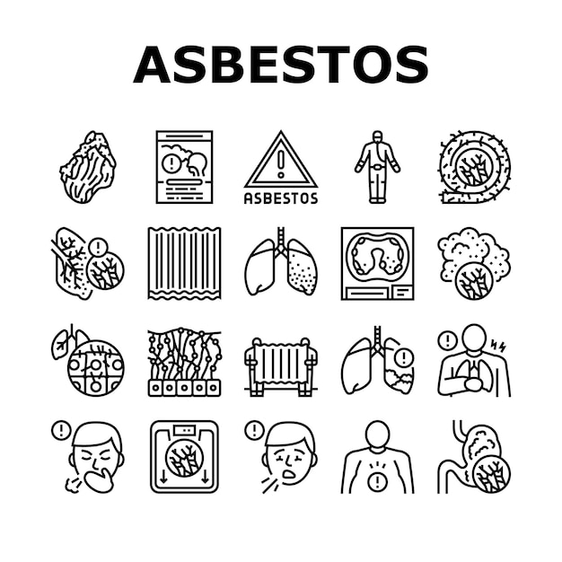 Conjunto de iconos de material y problema de asbesto Vector
