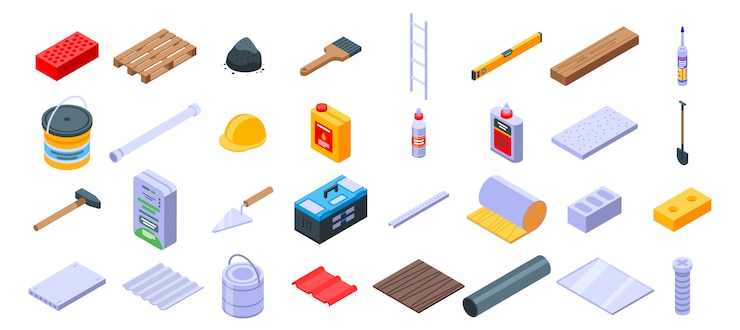 Vector conjunto de iconos de materiales de construcción, estilo isométrico