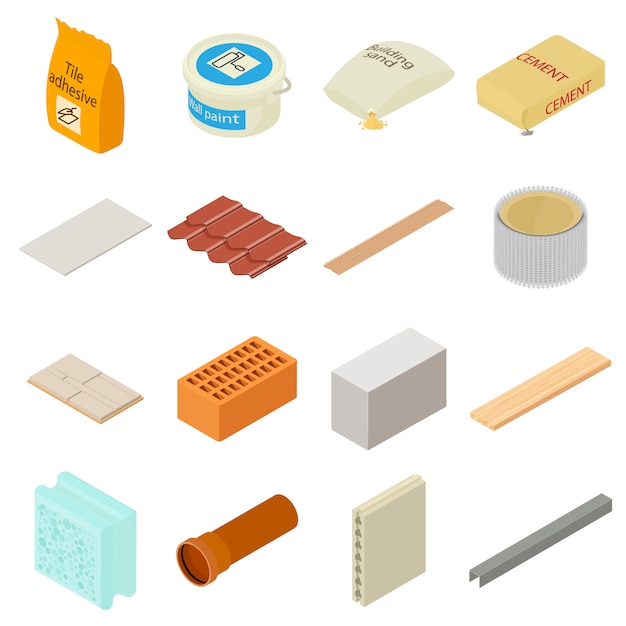 Conjunto de iconos de materiales de construcción. ilustración isométrica de 16 iconos de vector de materiales de construcción para web