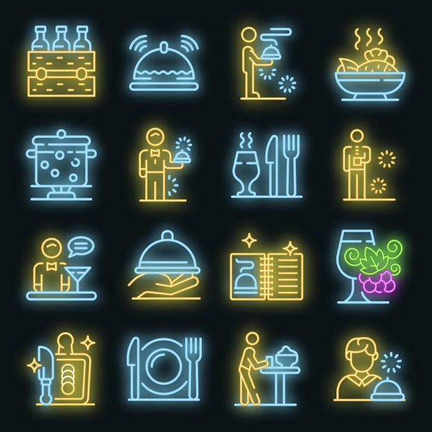 Conjunto de iconos de mayordomo. Esquema conjunto de color neón de los iconos de vector de mayordomo en negro