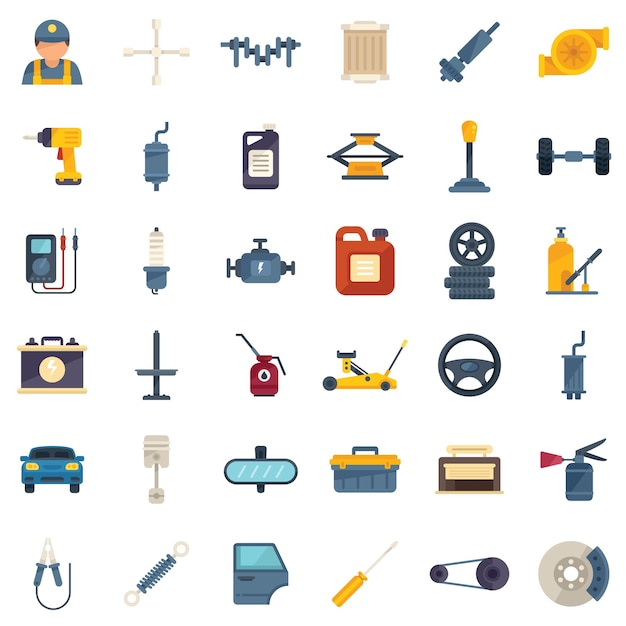 Conjunto de iconos mecánicos de automóviles vector plano Trabajo de motor