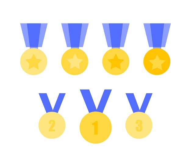 Conjunto de iconos de medalla de oro. Vector ilustración plana. Medalla brillante con estrella y 1ra, 2da