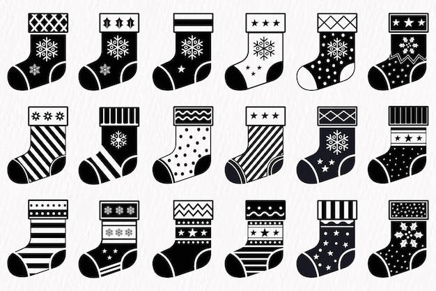Conjunto de iconos de medias navideñas diseños navideños en blanco y negro