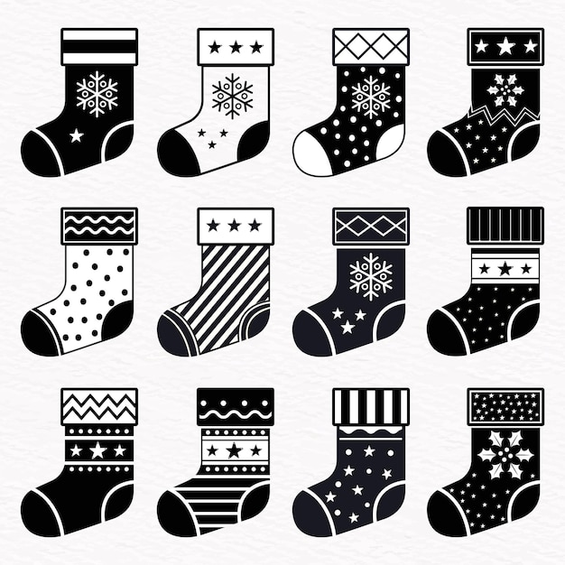 Conjunto de iconos de medias navideñas diseños navideños en blanco y negro