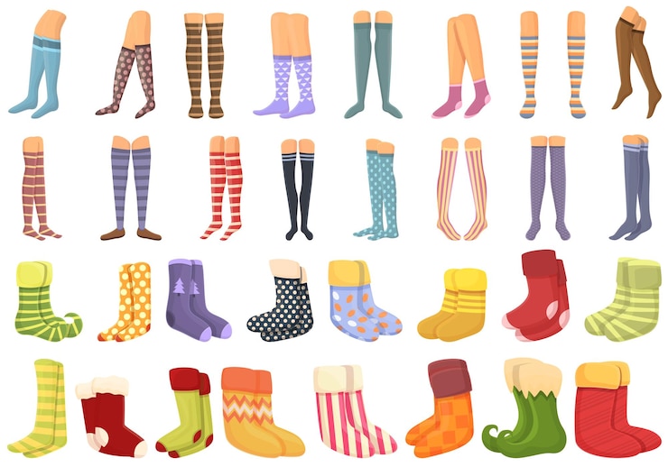 Vector conjunto de iconos de medias vector de dibujos animados. calcetín de navidad