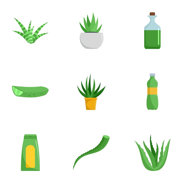 Conjunto de iconos de la medicina de Aloe, estilo plano