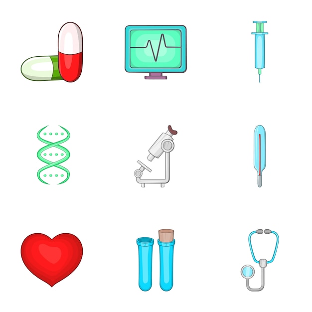 Conjunto de iconos de medicina, estilo de dibujos animados