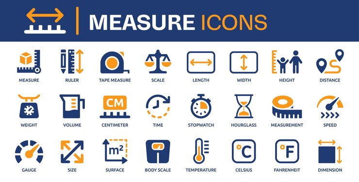 Conjunto de íconos de medición Contiene la regla de escala, el tamaño, la temperatura y los íconos del calibre Íconos sólidos