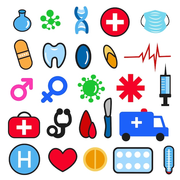 Conjunto de iconos médicos ilustración plana aislada simple símbolo de farmacia de medicina Molécula de virus herramienta de ambulancia píldora máscara de dientes signo de género Colección de contorno de cuidado de la salud web