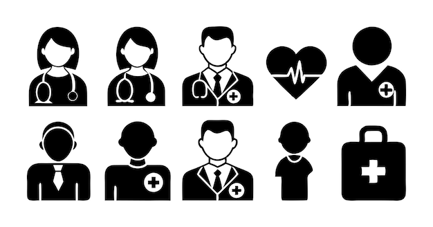 Conjunto de íconos de médicos profesionales Médicos y silhuetas de trabajadores de la salud