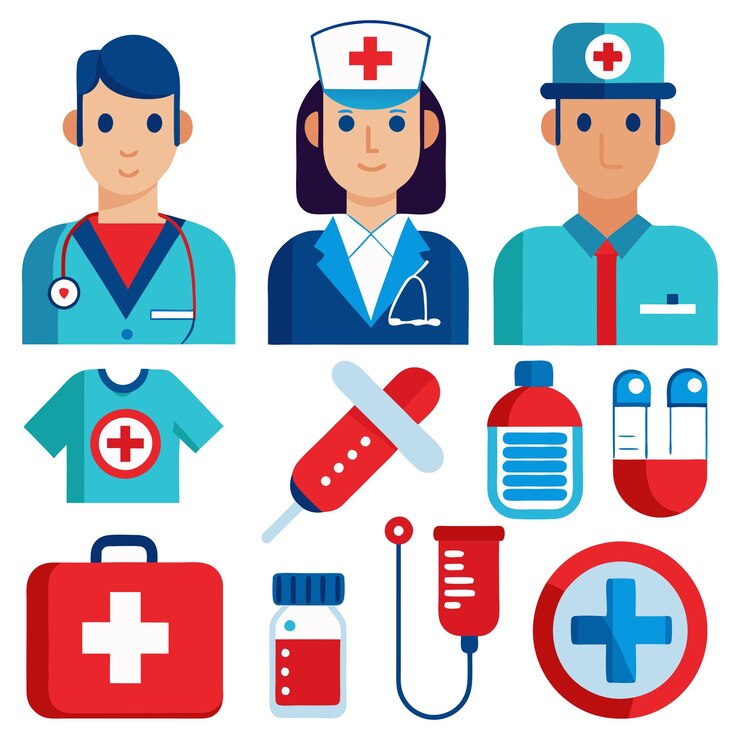 Conjunto de iconos médicos que representan a los profesionales de la salud y el equipo