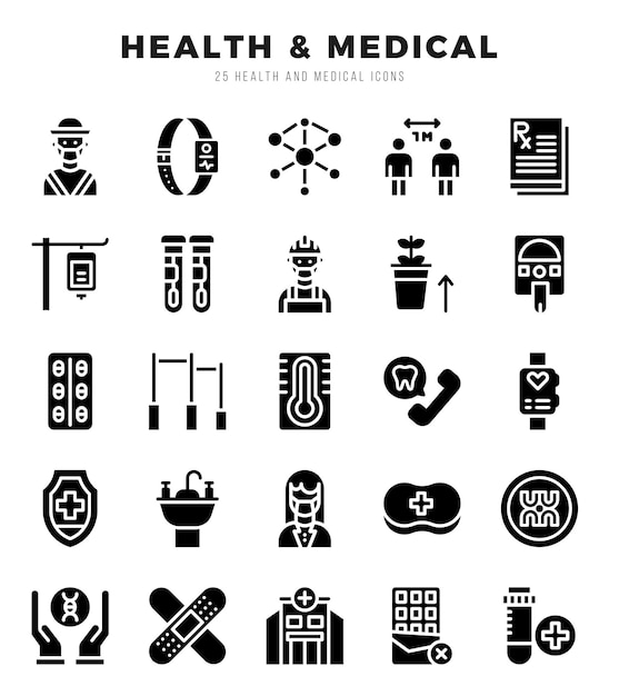 Conjunto de íconos médicos de salud Iconos de estilo de arte de glifos simples paquete de ícones Ilustración vectorial