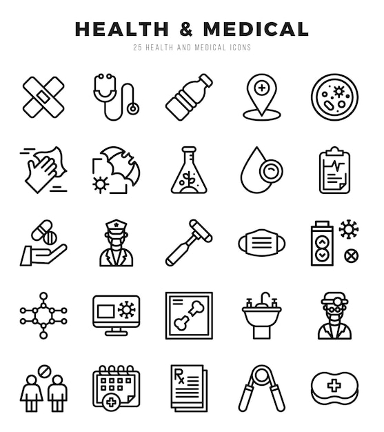 Conjunto de iconos médicos de salud paquete de iconos de estilo de arte de línea simple para sitio web y sitio móvil y aplicaciones