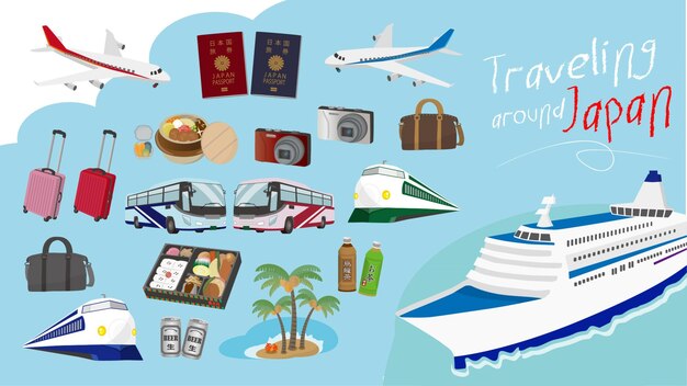 El conjunto de iconos y medios sobre el tema de viajar por Japón