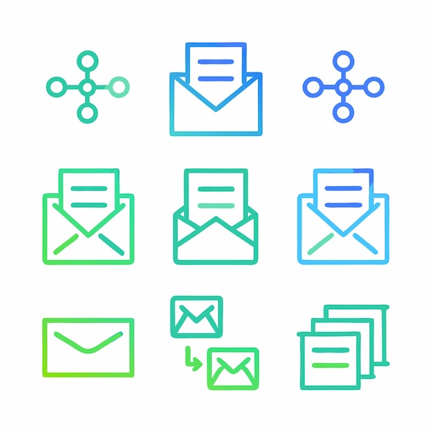 conjunto de iconos de mensaje de correo electrónico y esquema de comunicación para marketing digital y correspondencia