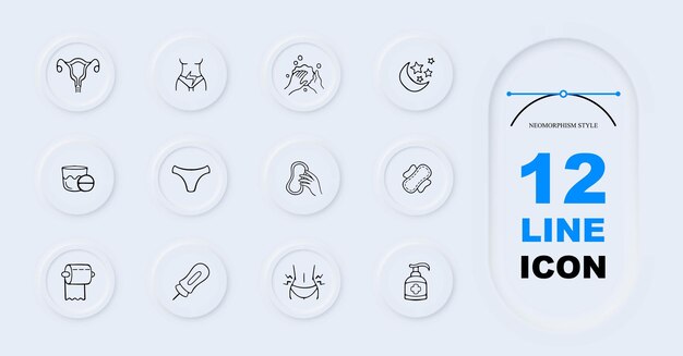 Conjunto de iconos de menstruación Productos para el período Ciclo menstrual Toallitas higiénicas femeninas Tampones Concepto menstrual