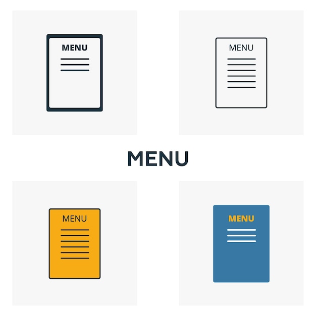 Conjunto de iconos de menú Cuatro elementos en diferentes estilos de la colección de iconos de bar y restaurante Iconos de menú creativos rellenos de contorno coloreado y símbolos planos
