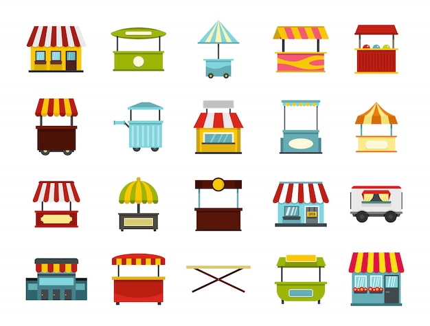 Conjunto de iconos de mercado de la calle. Conjunto plano de la colección de iconos de vector de mercado callejero aislado