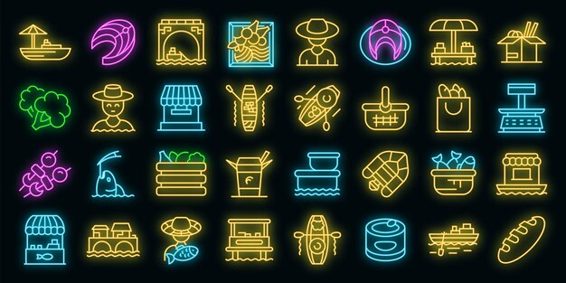 Conjunto de iconos de mercado flotante neón vectorial