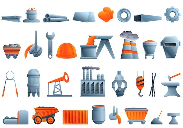 Conjunto de iconos de metalurgia, estilo de dibujos animados