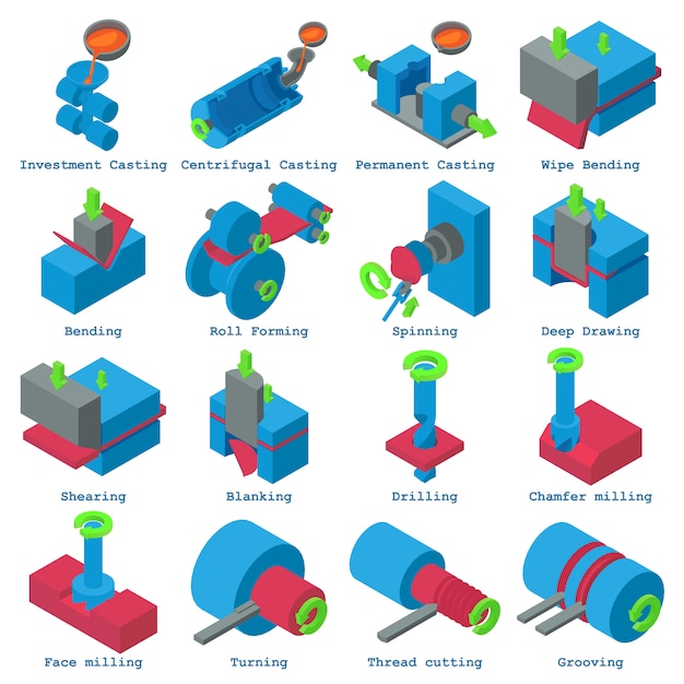 Conjunto de iconos de metalurgia. ilustración isométrica de 16 iconos vectoriales de metalistería para web
