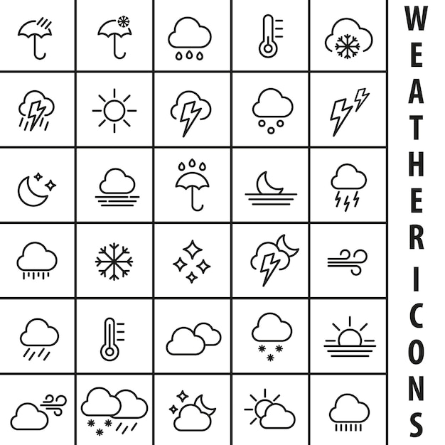 Conjunto de iconos meteorológicos en estilo lineal Pronóstico del tiempo Ilustración vectorial del tiempo
