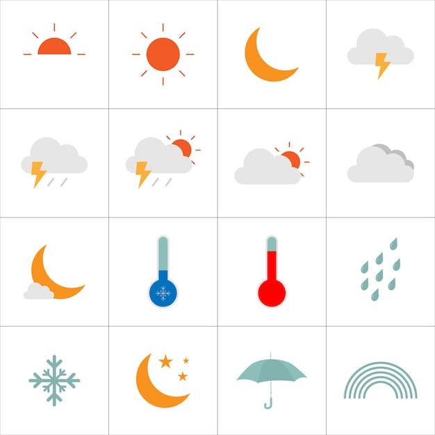 Conjunto de iconos meteorológicos en fondo blanco que incluyen nubes de luna y lluvia