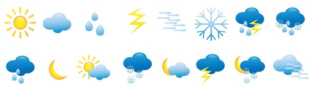 Conjunto de iconos meteorológicos Iconos meteorológicos para web Pronóstico meteorológico símbolos planos Interfaz de usuario móvil Contiene iconos del sol nubes copos de nieve tormentas lluvia y más