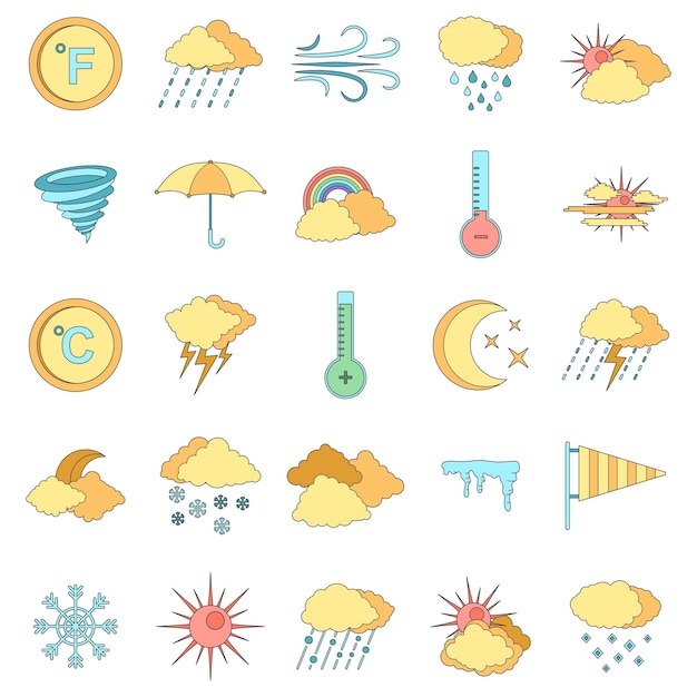 Conjunto de iconos meteorológicos Ilustración del contorno de 25 iconos vectoriales meteorológicos de línea delgada de color plano en blanco