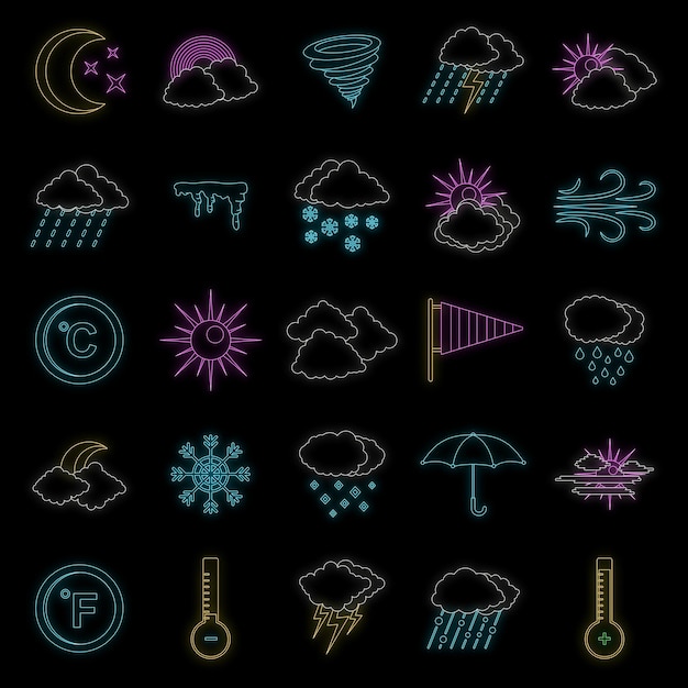 Conjunto de iconos meteorológicos Ilustración general de 25 iconos vectoriales meteorológicos de color neón en negro