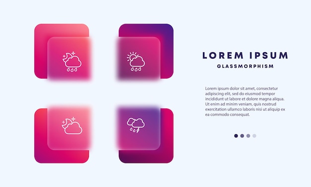 Conjunto de iconos meteorológicos lluvia nocturna e iconos nocturnos claros el concepto de fenómenos meteorológicos estilo de morfismo de vidrio icono de línea vectorial para negocios y publicidad