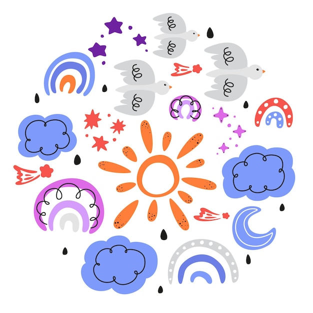 conjunto de iconos meteorológicos patrón abstracto con elementos de garabato conjunto de nubes de garabatos dibujados a mano