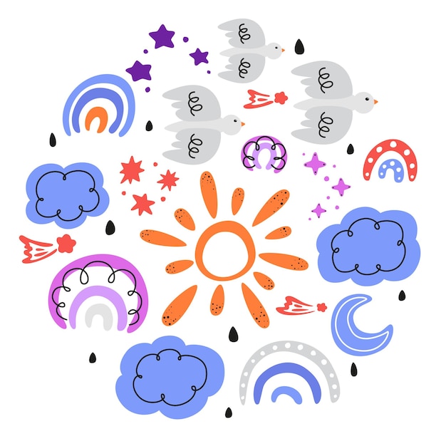 conjunto de iconos meteorológicos patrón abstracto con elementos de garabato conjunto de nubes de garabatos dibujados a mano