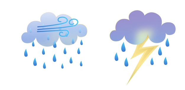 Conjunto de iconos meteorológicos símbolos de estilo de morfismo de vidrio para la aplicación de pronóstico meteorológico elementos aislados sobre fondo blanco día de la temporada de otoño canta tormenta eléctrica relámpago lluvia y nubes ilustraciones vectoriales