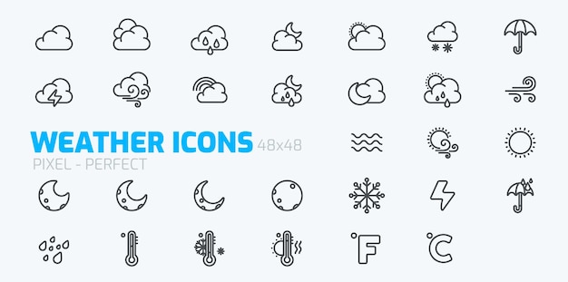 Conjunto de iconos meteorológicos para la web y la aplicación móvil Iconos de esquema Ilustraciones vectoriales