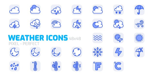 Conjunto de íconos meteorológicos para web y aplicación móvil Íconos planos azules Ilustraciones vectoriales