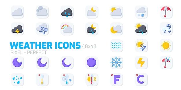Vector conjunto de iconos meteorológicos para la web y la aplicación móvil iconos planos ilustraciones vectoriales